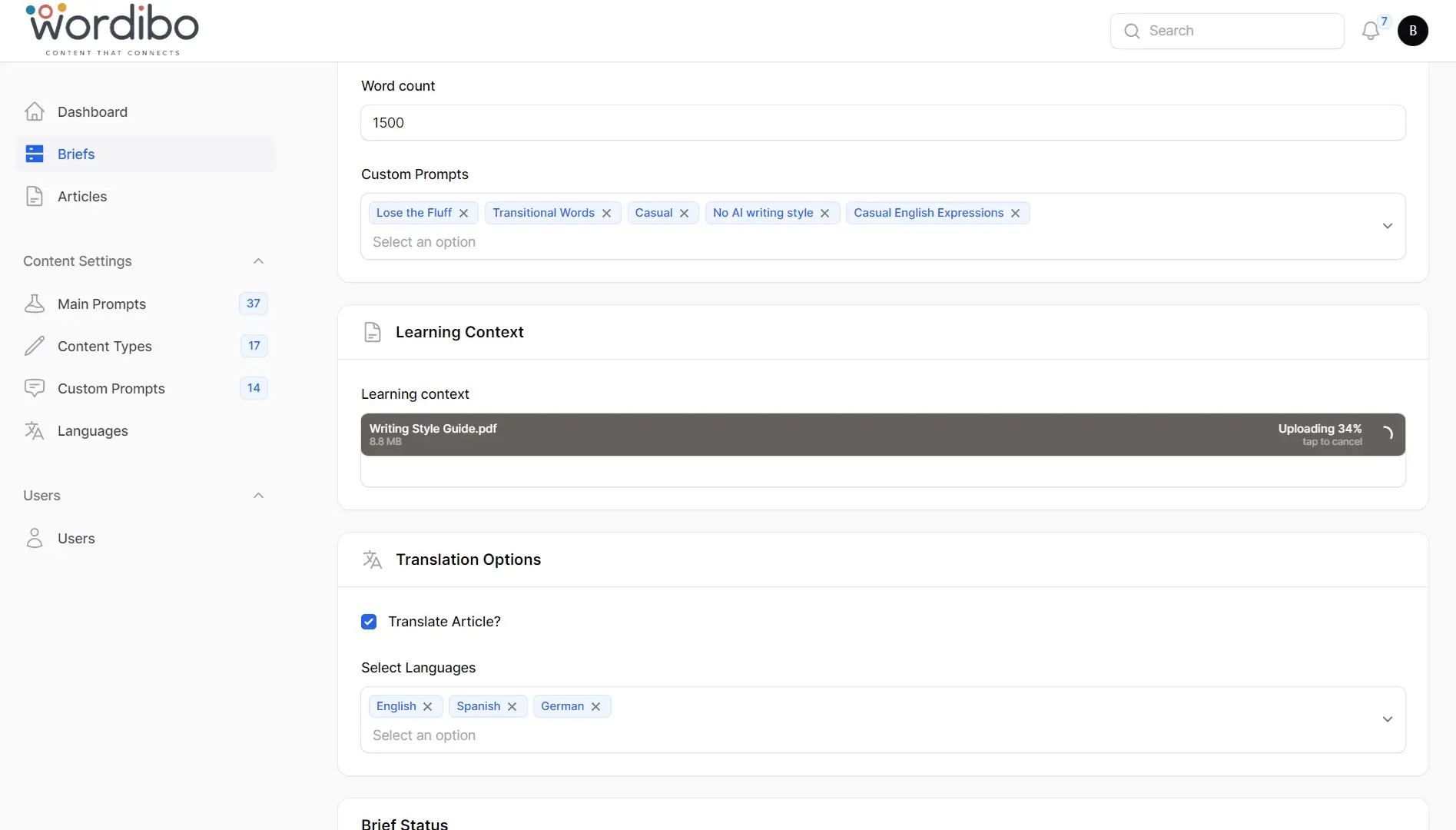 Wordibo brief creation screen